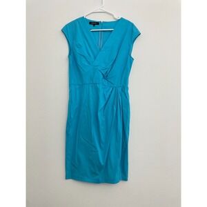 Lafayette 148 Dress Women 6 Light Blue Twist V Neck Knee Length Cotton Office